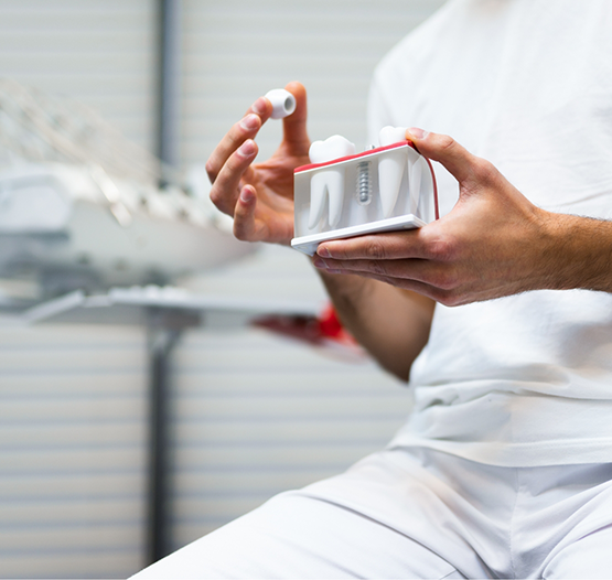 Dentist showing a model of a dental implant to a patient